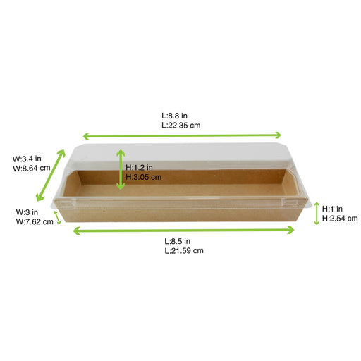 Vaschetta per sushi in cartone kraft marrone con coperchio in PET trasparente - 20,9 cm x 7,8 cm x 2,5 cm - 300 unità - dimensions