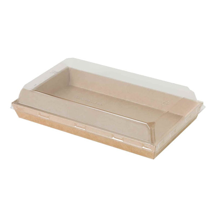 Vaschetta per sushi in cartone kraft marrone con coperchio in PET trasparente - 22,5 cm x 13,8 cm x 2,5 cm - 300 unità