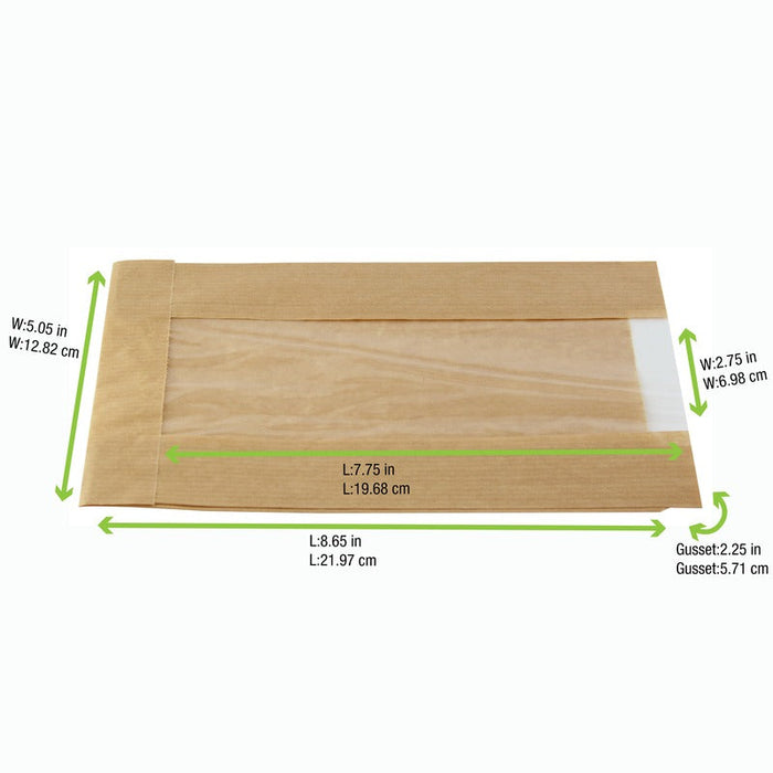 Sacchetto in carta kraft marrone con finestra - 14 cm x 6 cm x 22 cm - 1000 unità - dimensions