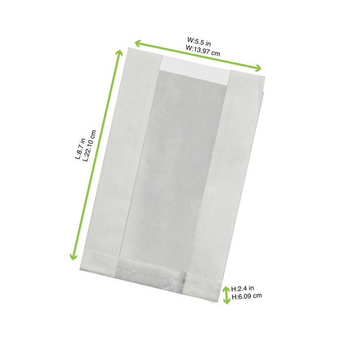 Sacchetto in carta kraft bianca antigrasso con finestra - 14 cm x 6 cm x 22 cm - 1000 unità - dimensions