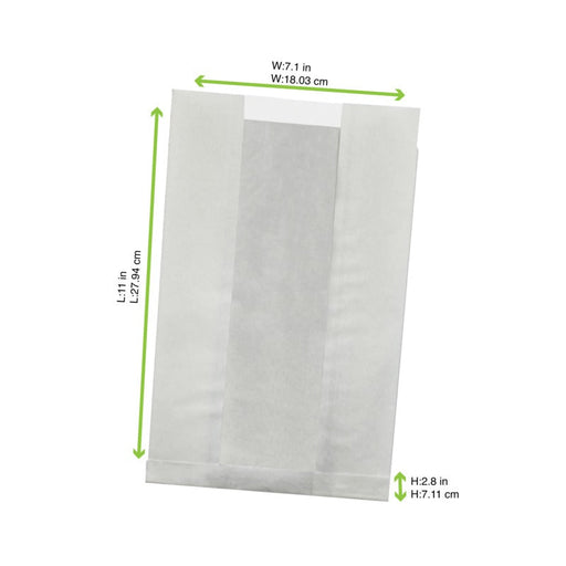 Sacchetto con finestra in carta bianca antigrasso - 18 cm x 8 cm x 28 cm - 1000 unità - dimensions