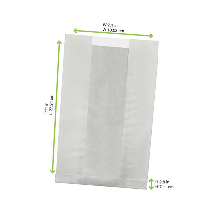 Sacchetto con finestra in carta bianca antigrasso - 18 cm x 8 cm x 28 cm - 1000 unità - dimensions