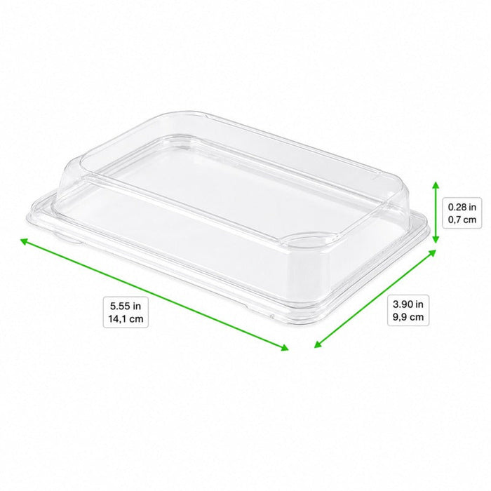 Coperchio in PET trasparente - 14,1 cm x 9,9 cm x 0,7 cm - Compatibile con 210TMFP37, 210TMFP50 - 600 unità - dimensions