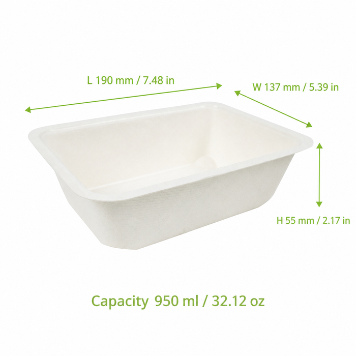 Vaschetta termosigillabile bianca in polpa di cellulosa laminata PLA - 950 ml - 19 cm x 13,7 cm x 5,5 cm - 400 unità