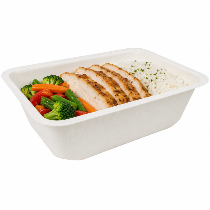 Vaschetta termosigillabile bianca in polpa di cellulosa laminata PLA - 950 ml - 19 cm x 13,7 cm x 5,5 cm - 400 unità