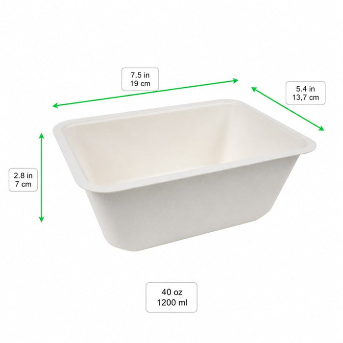 Vaschetta termosigillabile bianca in polpa di cellulosa laminata PLA - 1200 ml - 19 cm x 13,7 cm x 7 cm - 400 unità - dimensions