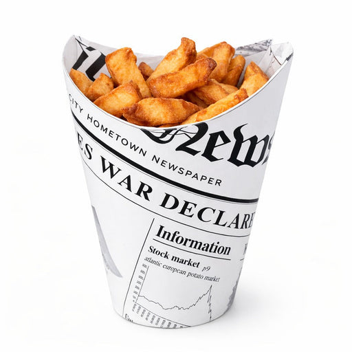 Bicchiere snack in cartone richiudibile pretagliato bianco con decoro "Giornale" - 270 ml - Ø 8,3 cm - H 11,8 cm - 1000 unità