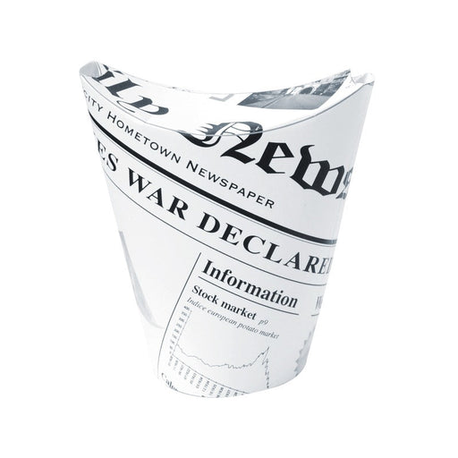 Bicchiere snack in cartone richiudibile pretagliato bianco con decoro "Giornale" - 270 ml - Ø 8,3 cm - H 11,8 cm - 1000 unità