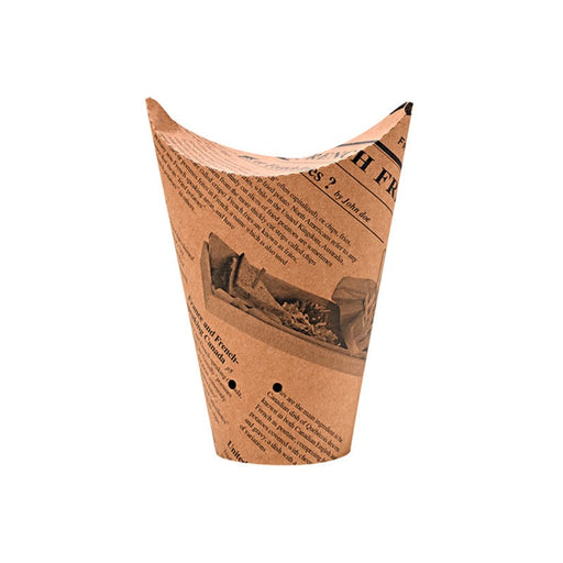 Bicchiere snack in cartone richiudibile pretagliato marrone con decoro "Giornale" - 480 ml - Ø 10,5 cm - H 12,3 cm - 1000 unità
