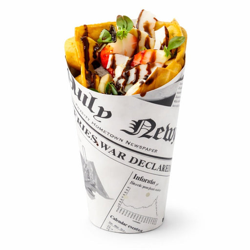 Bicchiere snack in cartone richiudibile pretagliato bianco con decoro "Giornale" - 480 ml - Ø 8,8 cm - H 15,7 cm - 1000 unità
