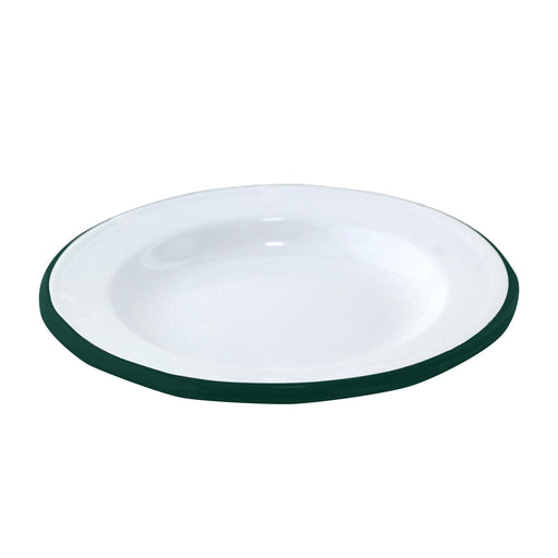 Piatto rotondo in acciaio smaltato bianco con bordo verde "Enamel" - Ø 18 cm - 12 unità