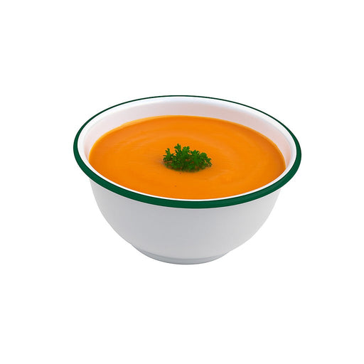 Ciotola fonda a bordi dritti in acciaio smaltato bianco con bordo verde "Enamel" - 1000 ml - Ø 16 cm - H 8 cm - 12 unità
