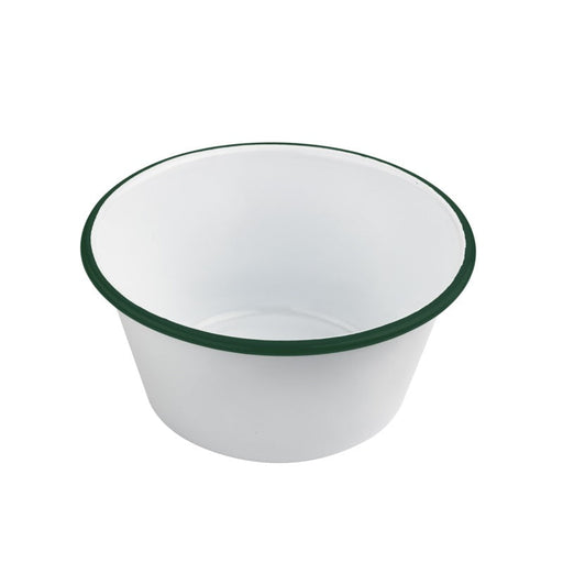Ciotola fonda a bordi dritti in acciaio smaltato bianco con bordo verde "Enamel" - 1500 ml - Ø 18 cm - H 9 cm - 12 unità