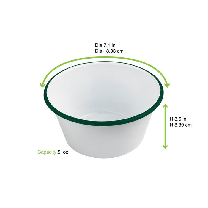 Ciotola fonda a bordi dritti in acciaio smaltato bianco con bordo verde "Enamel" - 1500 ml - Ø 18 cm - H 9 cm - 12 unità - dimensions