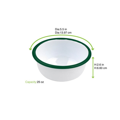 Ciotola fonda a bordi dritti in acciaio smaltato bianco con bordo verde "Enamel" - 750 ml - Ø 14 cm - H 6,5 cm - 12 unità - dimensions