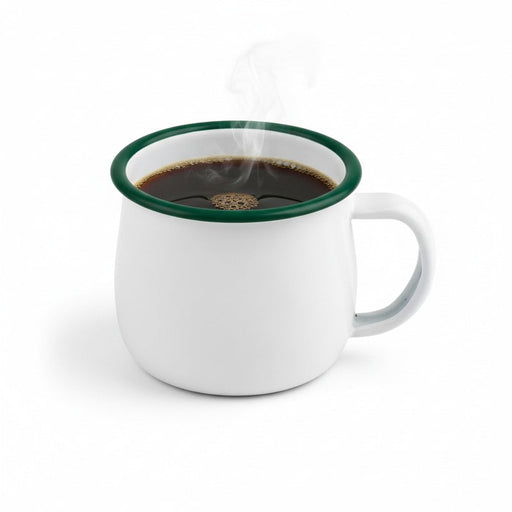 Tazza Enamel in acciaio smaltato bianco con bordo verde - 150 ml - Ø 6,7 cm - H 5,5 cm - 12 unità
