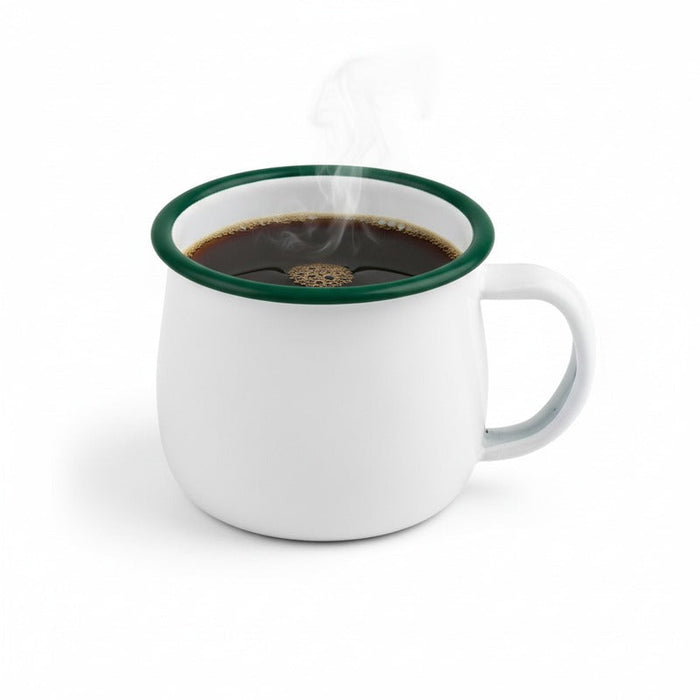 Tazza Enamel in acciaio smaltato bianco con bordo verde - 150 ml - Ø 6,7 cm - H 5,5 cm - 12 unità