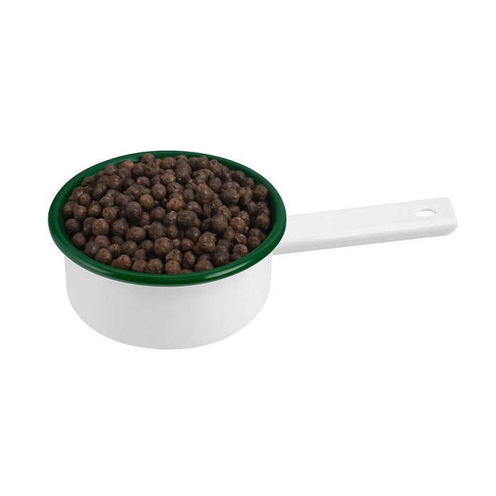 Mini casseruola Enamel in acciaio smaltato bianco con bordo verde - 100 ml - Ø 8 cm - H 3 cm - 12 unità