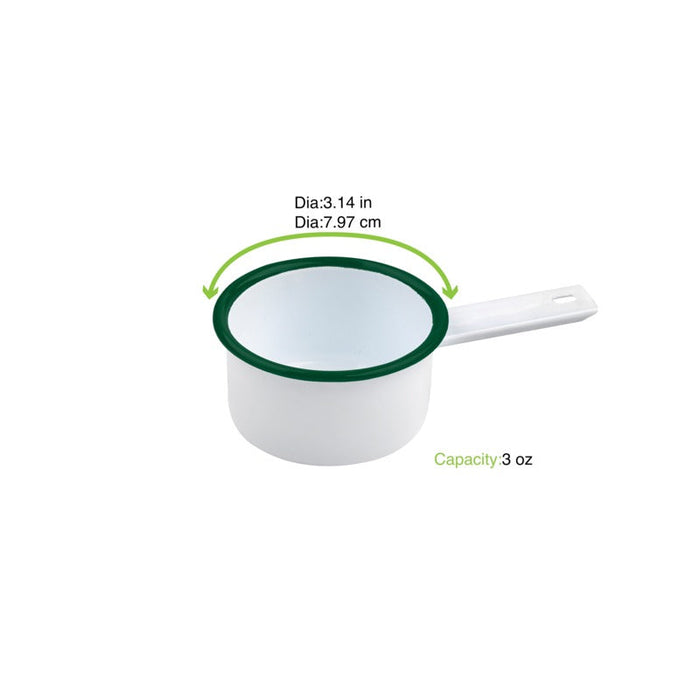 Mini casseruola Enamel in acciaio smaltato bianco con bordo verde - 100 ml - Ø 8 cm - H 3 cm - 12 unità - dimensions