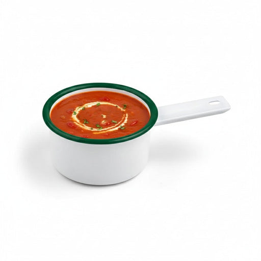 Mini casseruola Enamel in acciaio smaltato bianco con bordo verde - 200 ml - Ø 9 cm - H 4,7 cm - 12 unità