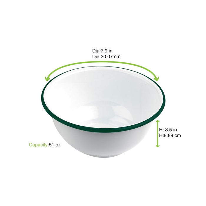 Ciotola fonda in acciaio smaltato bianco con bordo verde "Enamel" - 1500 ml - Ø 20 cm - H 9 cm - 12 unità - dimensions