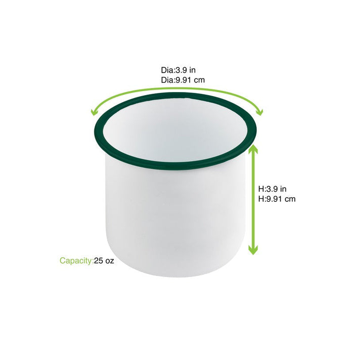 Delipot Enamel in acciaio smaltato bianco con bordo verde - 730 ml - Ø 10 cm - H 10 cm - 12 unità - dimensions