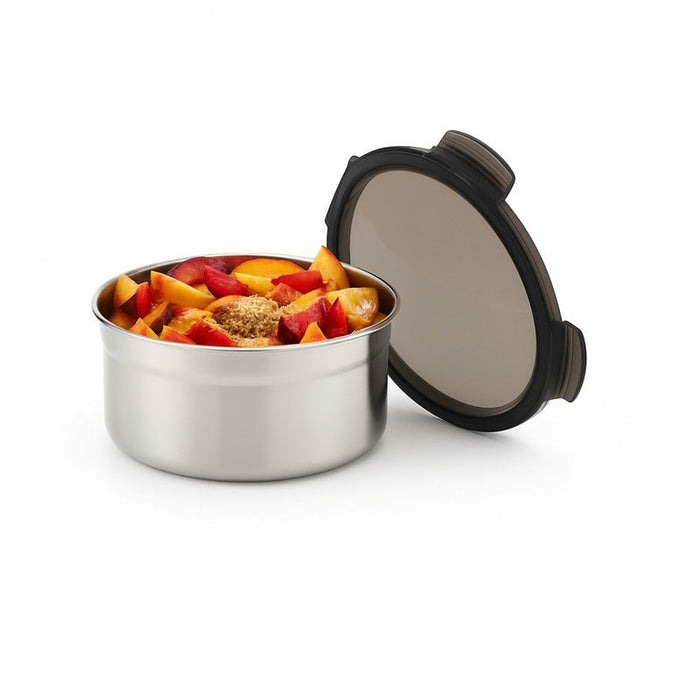 Contenitore rotondo Noxbox in acciaio inox con coperchio in PP nero - 600 ml - Ø 13,7 cm - H 7,3 cm - 12 unità