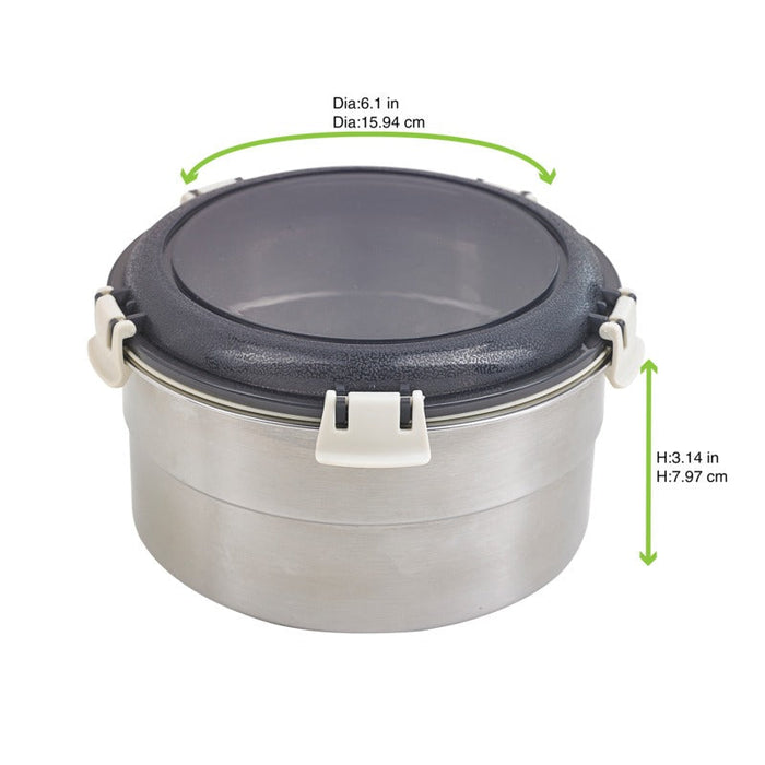 Contenitore rotondo Noxbox in acciaio inox con coperchio in PP nero - 900 ml - Ø 15,5 cm - H 8 cm - 6 unità - dimensions