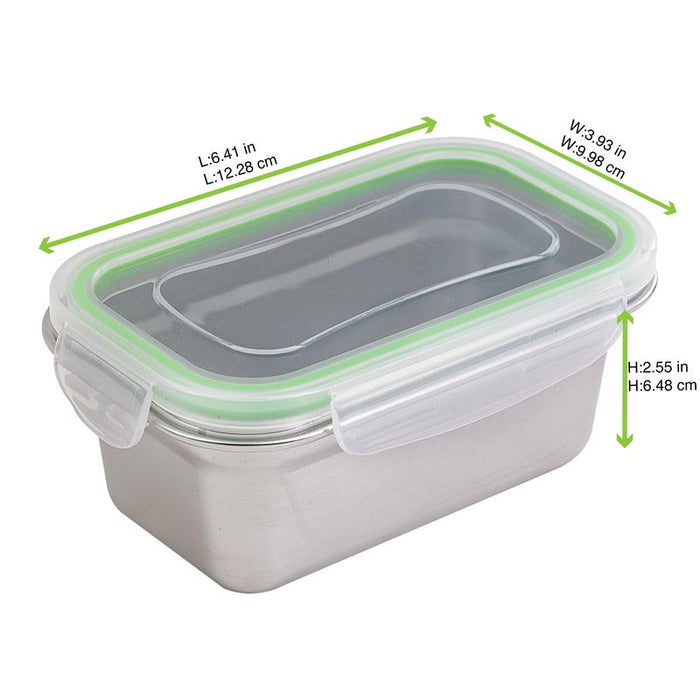 Contenitore per pasti Noxbox rettangolare in acciaio inox con coperchio in PP - 620 ml - 16,3 cm x 10 cm x 6,5 cm - 6 unità - dimensions