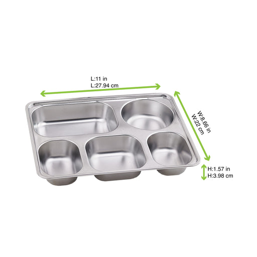 Vassoio pasto Noxtray in acciaio inox a 5 scomparti con coperchio in PP - 28 cm x 22 cm - 10 unità - dimensions