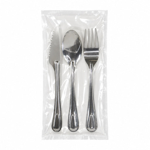 Kit posate in acciaio inox 4/1 "Noxcut": coltello forchetta cucchiaio da minestra tovagliolo, imballo in carta - 23 cm - 250 unità