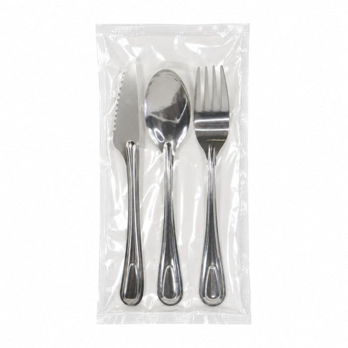 Kit posate in acciaio inox 4/1 "Noxcut": coltello forchetta cucchiaio da minestra tovagliolo, imballo in carta - 23 cm - 250 unità