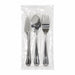 Kit posate in acciaio inox 4/1 "Noxcut": coltello forchetta cucchiaio da minestra tovagliolo, imballo in carta - 23 cm - 250 unità