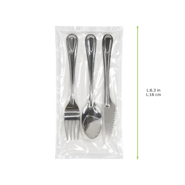 Kit posate in acciaio inox 4/1 "Noxcut": coltello forchetta cucchiaio da minestra tovagliolo, imballo in carta - 23 cm - 250 unità