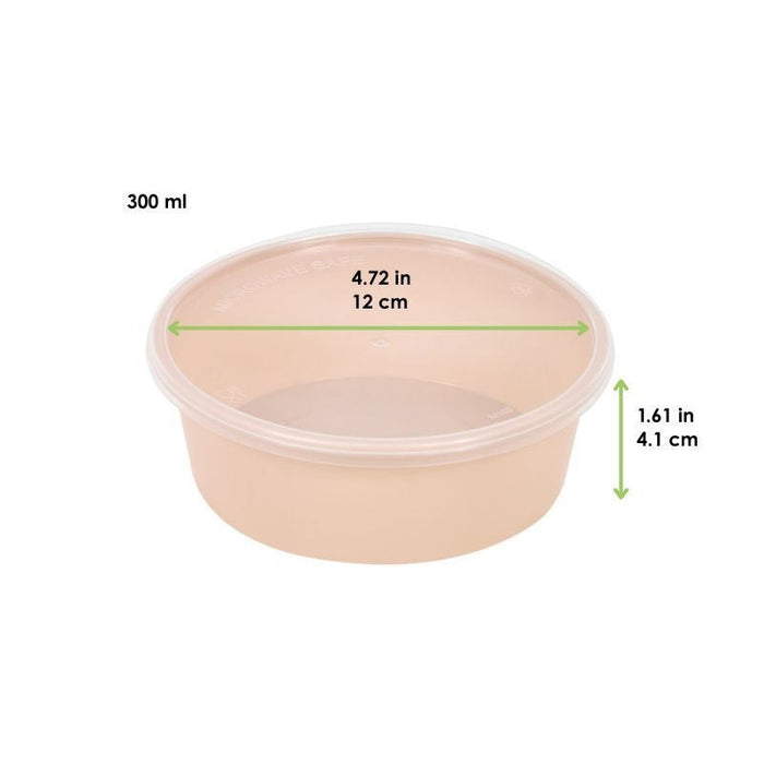 Ciotola rotonda beige in plastica PP con coperchio trasparente "Reemp" - 300 ml - Ø 12 cm - H 4,1 cm - 250 unità - dimensions