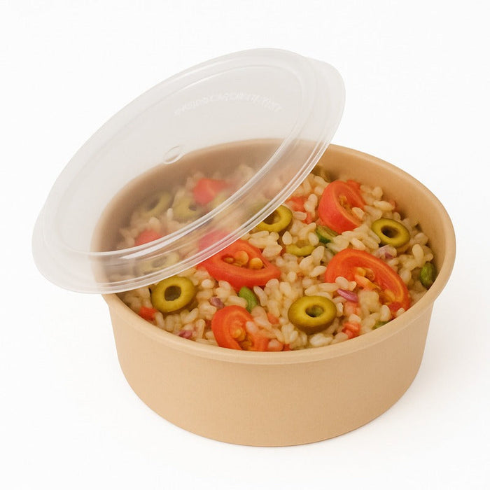 Ciotola rotonda beige in plastica PP con coperchio trasparente "Reemp" - 470 ml - Ø 12 cm - H 6,6 cm - 250 unità