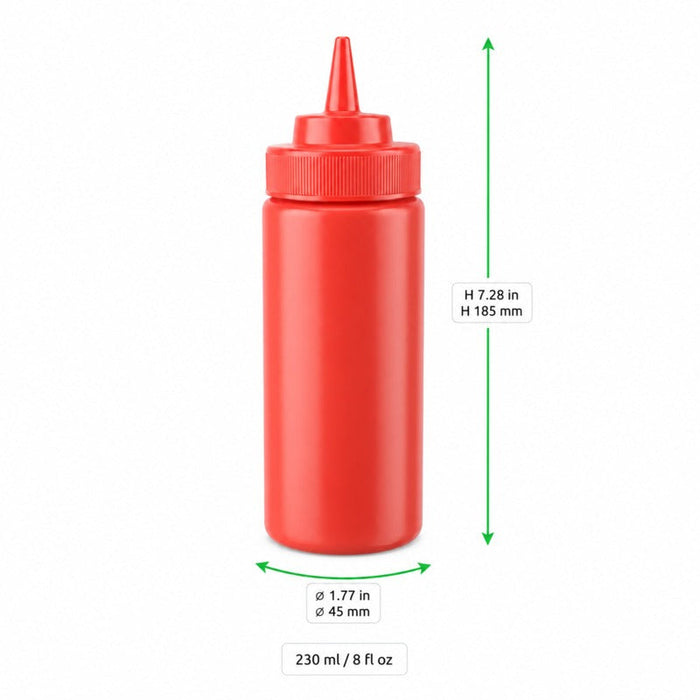 Dispenser per salse morbido rosso a 1 beccuccio, plastica senza BPA - 230 ml - H 18,5 cm - 6 unità - dimensions