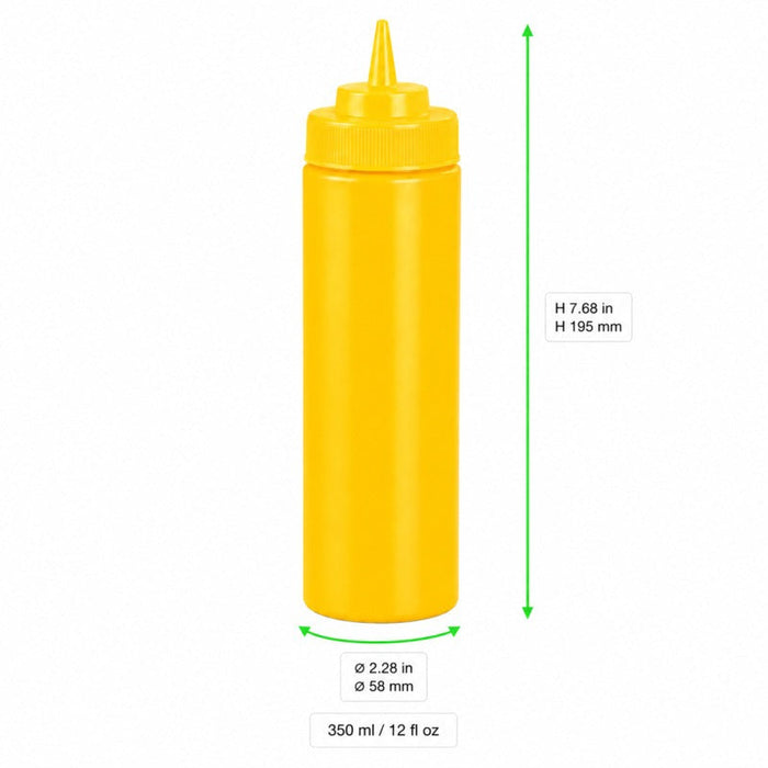 Dispenser per salse morbido giallo a 1 beccuccio, plastica senza BPA - 350 ml - H 19,5 cm - 6 unità - dimensions