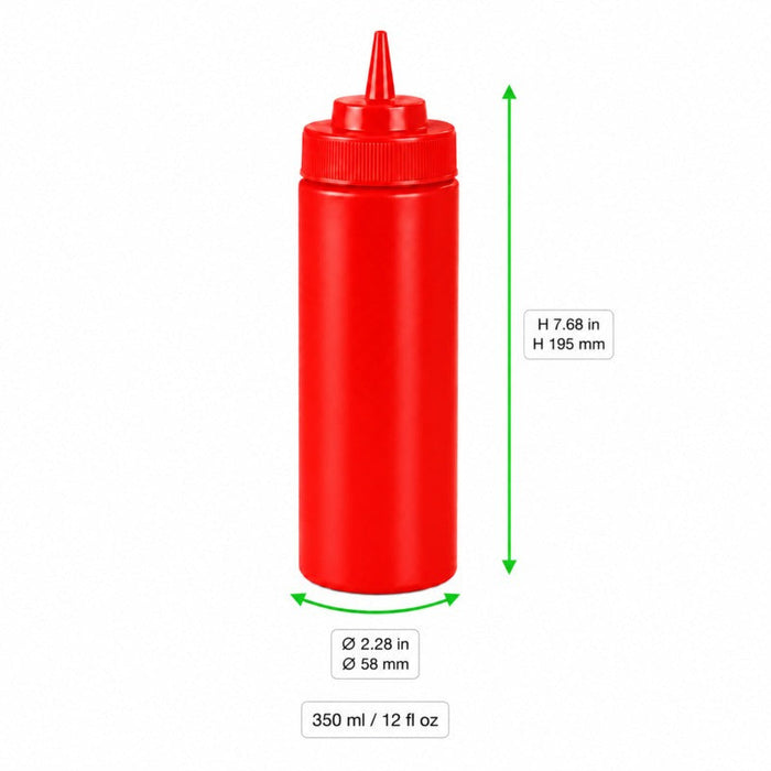Dispenser per salse morbido rosso a 1 beccuccio, plastica senza BPA - 350 ml - H 19,5 cm - 6 unità - dimensions