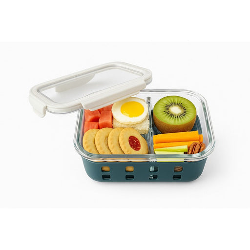 Contenitore rettangolare a scomparti in vetro borosilicato con coperchio e protezione in silicone - 980 ml - 19,8 cm x 14,8 cm x 6 cm - 12 unità