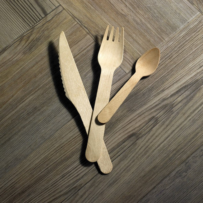 Kit posate in legno 3/1: coltello forchetta cucchiaio, imballo kraft - 16,5 cm - 250 unità