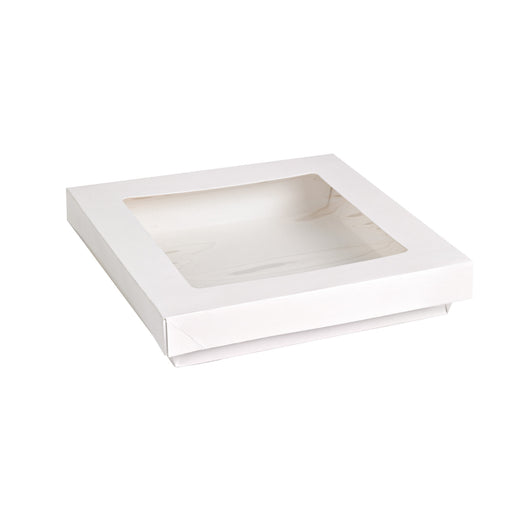Scatola "Kray" quadrata in cartone bianco con coperchio a finestra - 1450 ml - 20,5 cm x 20,5 cm x 4 cm - 200 unità