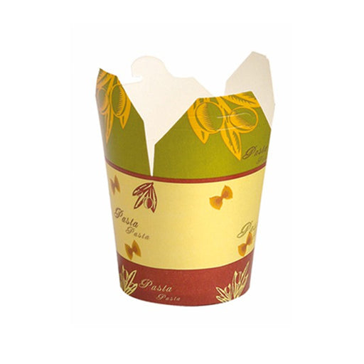 Contenitore in cartone bianco con decoro "Pasta" a base rotonda con chiusura a fessura - 450 ml - Ø 8 cm - H 10 cm - 500 unità