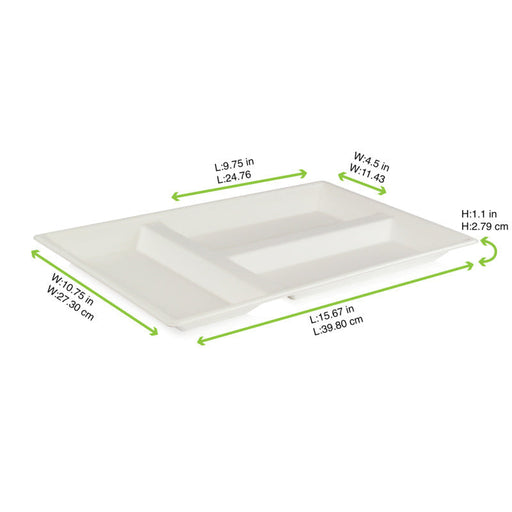 Vassoio pasto bianco in polpa di cellulosa a 3 scomparti - 40 cm x 28 cm x 2,8 cm - 100 unità - dimensions