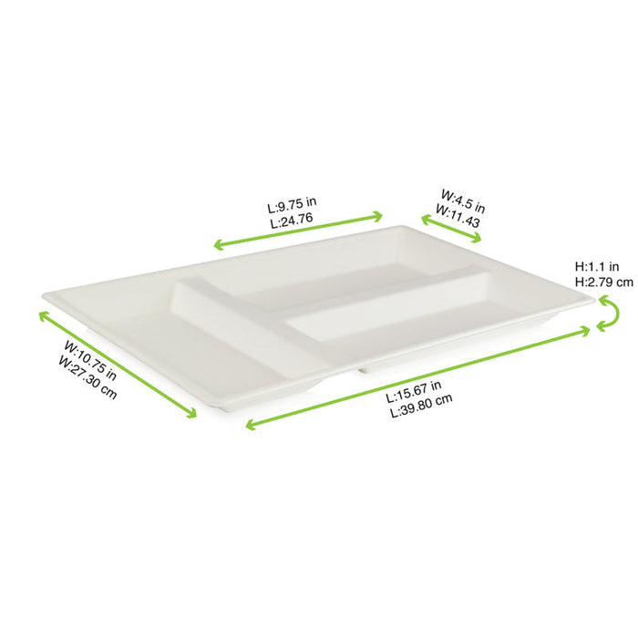 Vassoio pasto bianco in polpa di cellulosa a 3 scomparti - 40 cm x 28 cm x 2,8 cm - 100 unità - dimensions