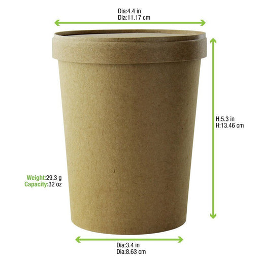 Contenitore in cartone kraft marrone per caldo e freddo con coperchio in cartone - 940 ml - Ø 11,6 cm - H 13,5 cm - 250 unità - dimensions