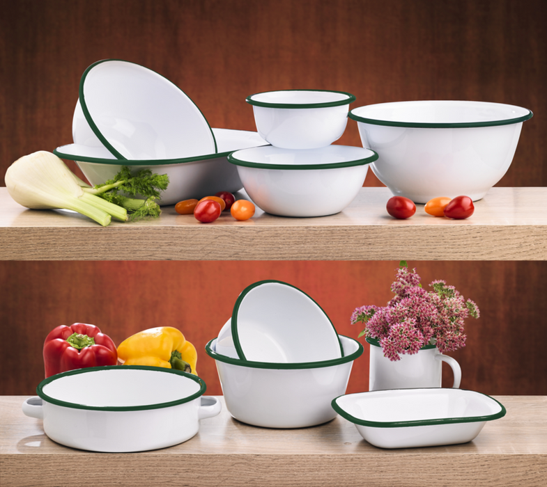 Ciotola fonda a bordi dritti in acciaio smaltato bianco con bordo verde "Enamel" - 300 ml - Ø 11,5 cm - H 5 cm - 12 unità