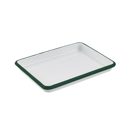 Vassoio Enamel in acciaio smaltato bianco con bordo verde - 16,5 cm x 12,2 cm x 2,5 cm - 12 unità