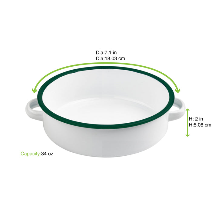 Piatto rotondo con manici Enamel in acciaio smaltato bianco con bordo verde - 1000 ml - Ø 18 cm - H 5 cm - 12 unità