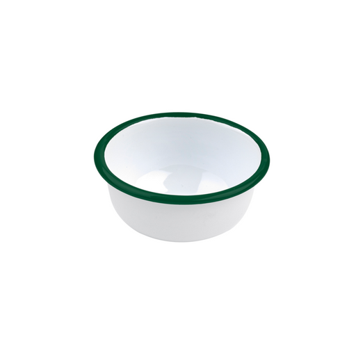 Ciotola fonda a bordi dritti in acciaio smaltato bianco con bordo verde "Enamel" - 300 ml - Ø 11,5 cm - H 5 cm - 12 unità